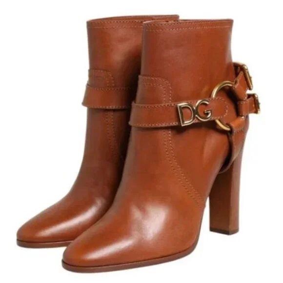DG BROWN LEATHER BUCKLE ANKLE BOOTS - Picture 1 of 5